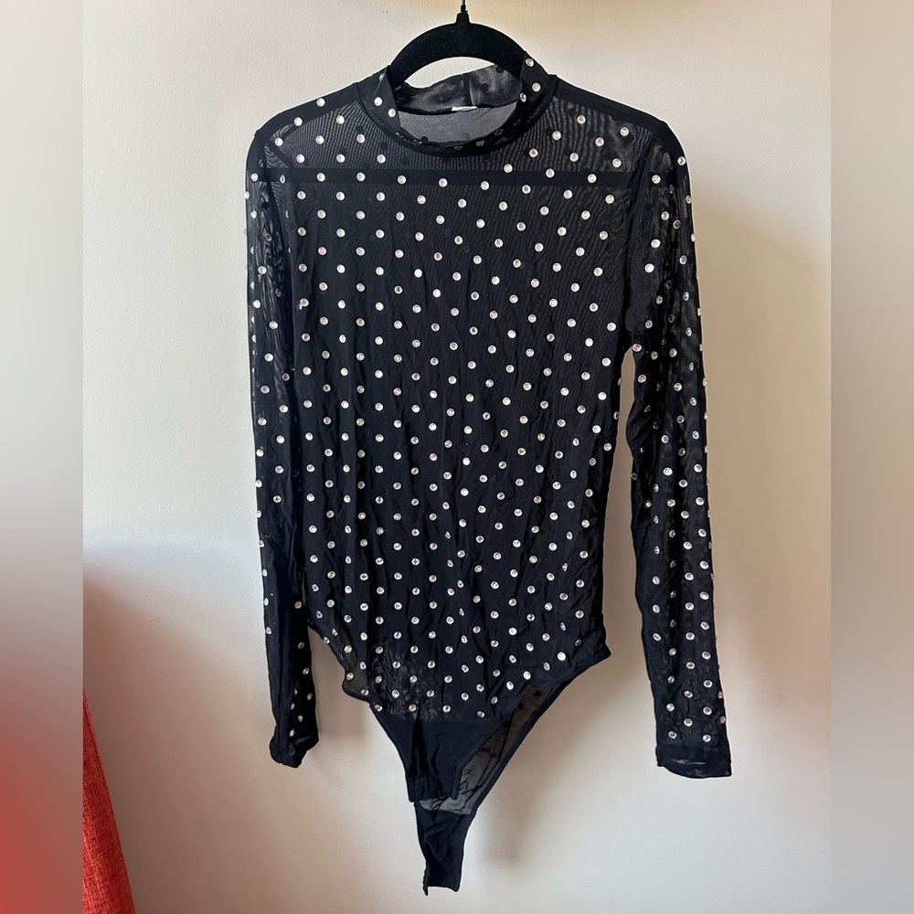 NEW Black Sheer Mesh Mockneck Bodysuit with Rhinestones